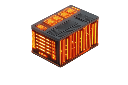 A compact, futuristic device emitting warm orange light, featuring a sleek design with glowing panels and intricate details. png