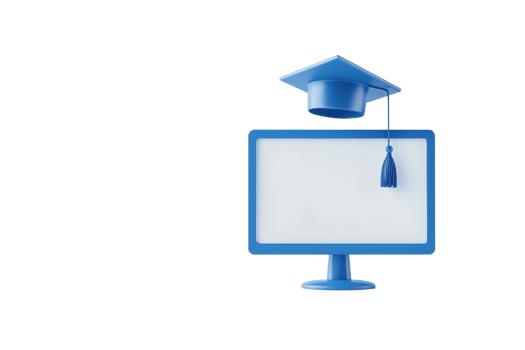 A blue computer monitor topped with a graduation cap and tassel, symbolizing education and online learning. png