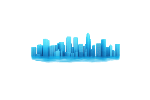 A vibrant blue skyline silhouette featuring various building heights, representing an urban landscape. png