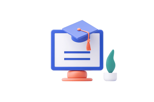 A stylized computer screen featuring a graduation cap, symbolizing education and academic achievement, accompanied by a small plant. png