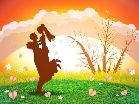 Love and Valentine's Day Illustration. Two lovers on a grass field under the sunset with love hearts falling on the grass. 3D paper from digital craft. vector