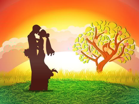 Illustration of love and Valentine's Day. Two lovers on a meadow under the sunset with a heart of love. 3D paper from digital craft. vector