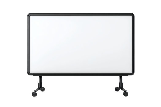 A mobile whiteboard with a sleek design, featuring a smooth writing surface and mounted on rolling casters for easy mobility. png
