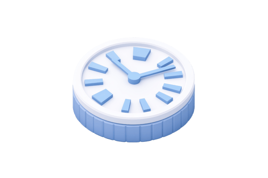 A round, blue and white clock with clear hour and minute markers, featuring simple hands indicating the time. png