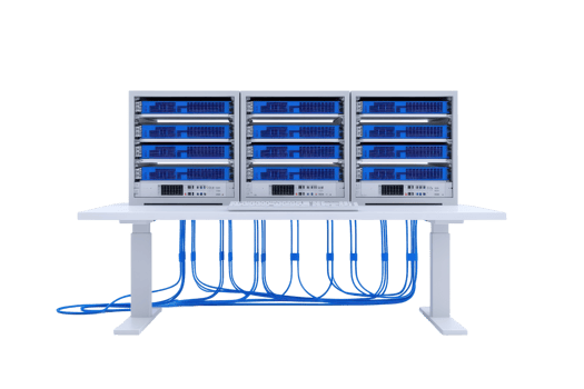A modern server rack with multiple blue-lit units, featuring connected cables for data transfer and power management. png
