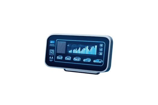 A sleek digital display panel showing various metrics and graphical data, designed for automotive or technological applications. png