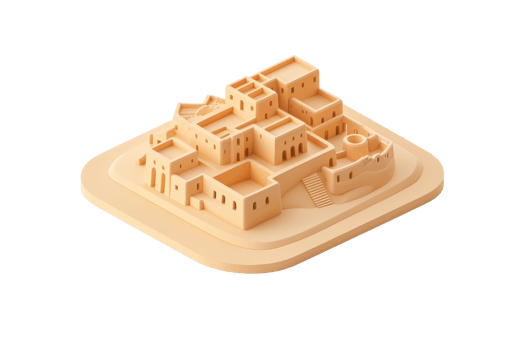 A detailed architectural model of a traditional village, showcasing intricate structures and pathways. png
