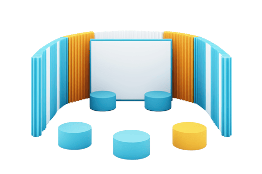 A modern seating arrangement featuring a central display, surrounded by colorful seating and a structured backdrop. png