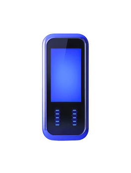 A sleek electronic device with a blue screen and illuminated buttons, designed for modern functionality. png