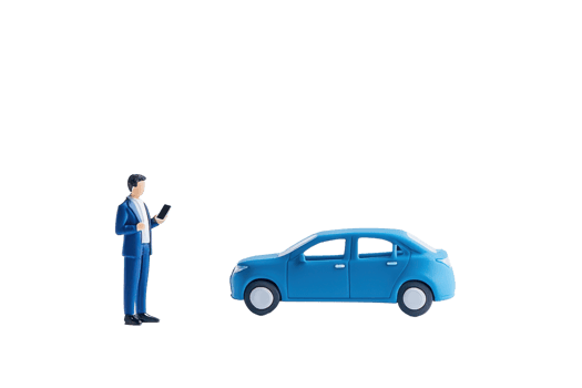 A businessman in a blue suit interacts with a blue car, possibly using a mobile device for communication or information. png