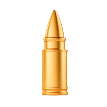 A shiny golden bullet, showcasing a pointed tip and cylindrical casing, reflecting light with a polished finish. png
