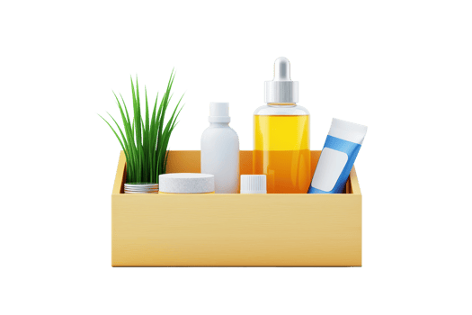 A wooden box contains various skincare products, including oils, creams, and a small plant, emphasizing natural beauty and wellness. png