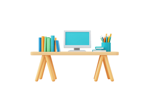 A modern desk featuring a computer, books, and stationery, creating a tidy workspace for productivity. png
