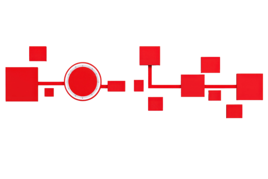 A series of red geometric shapes, including squares and a central circle, interconnected by lines against a dark backdrop. png