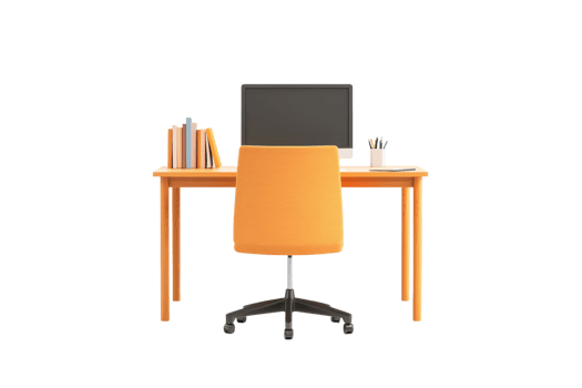 A modern workspace featuring a desk with a monitor, books, and a vibrant orange chair. png