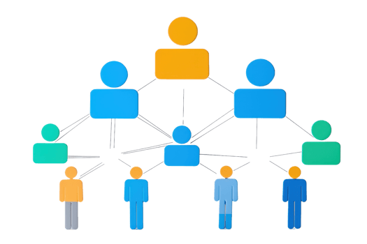 A diagram illustrating a hierarchical structure with figures representing various levels of relationships and connections. png
