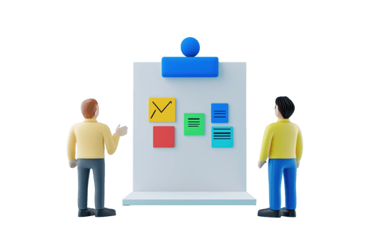 Two figures engage in a discussion while facing a presentation board displaying colorful notes and icons. png
