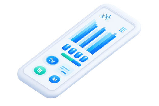 A sleek, modern device displaying various data visuals with blue bars and circular indicators. png