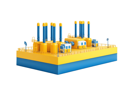 A vibrant yellow and blue industrial platform featuring multiple tall smokestacks and various structures, resembling a facility for energy production or processing. png