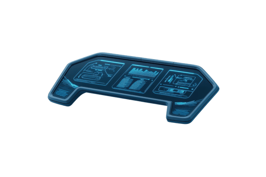 A futuristic control panel featuring glowing interface elements and digital displays. png
