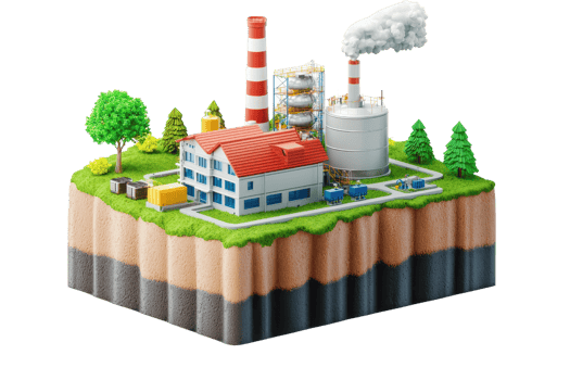 A colorful model of a factory with smokestacks, storage tanks, and greenery, representing industrial development and energy production. png