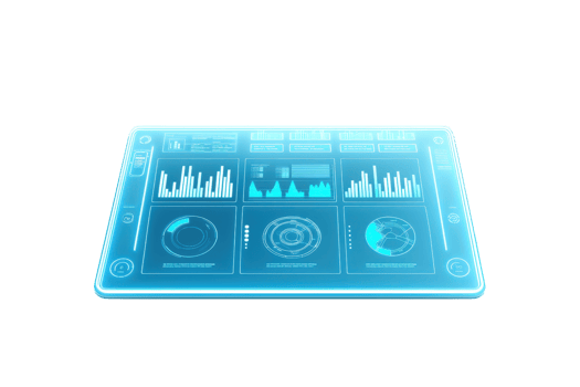 A futuristic digital dashboard displaying various analytical graphs and data visuals. png
