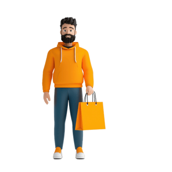 A male character in an orange hoodie holds a yellow shopping bag, showcasing a casual, stylish look. png