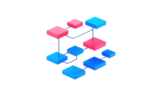 A vibrant, abstract arrangement of interconnected blocks in red and blue, symbolizing data flow or network connections. png