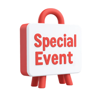 A sign displaying the words Special Event in bold, red letters on a white background, supported by a sturdy stand. png