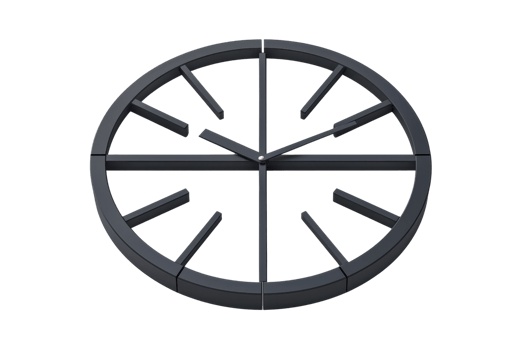 A modern, minimalist clock features a circular design with protruding hour markers and sleek hands, emphasizing its contemporary aesthetic. png