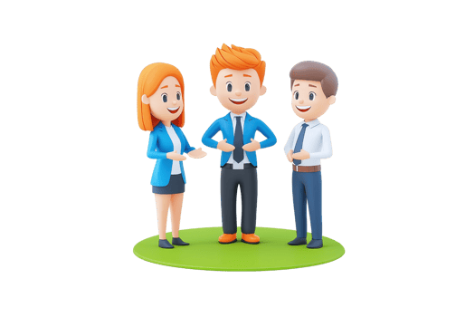 Three cartoon characters, two women and a man, engage in conversation, showcasing friendly interaction and teamwork in a professional setting. png