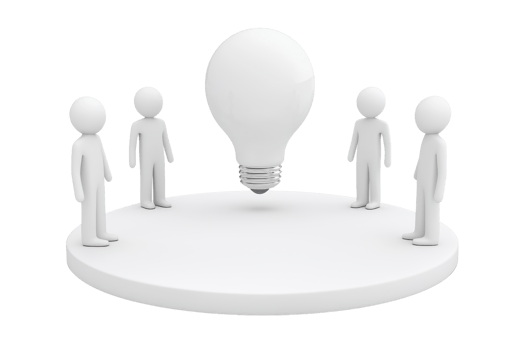 A light bulb stands prominently above a circular platform surrounded by four simplistic figures, symbolizing ideas and collaboration. png