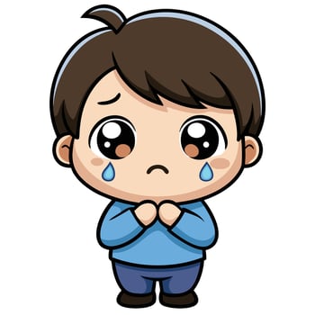 a cartoon boy crying with his hands folded white background, vector