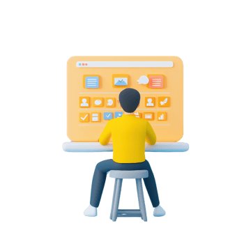 A digital illustration of a person seated at a desk, engaged with a large screen displaying various application icons and data. png