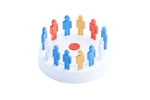 A circular arrangement of colorful figures representing diversity and teamwork, centered around a red point. png