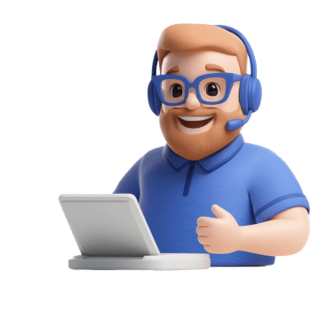 A cheerful character wearing glasses and a headset, sitting at a desk with a tablet, giving a thumbs-up. png