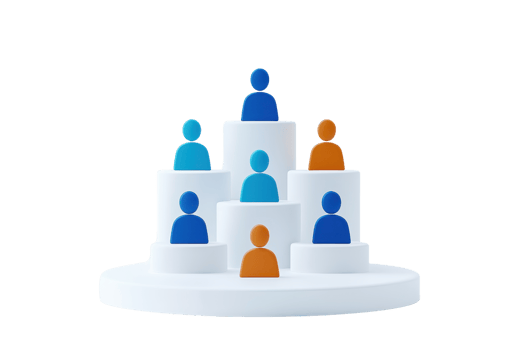 A tiered arrangement of colorful figures representing people, emphasizing diversity and collaboration. png