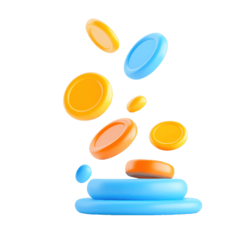 Colorful coins in various sizes are stacked and floating, creating a dynamic and playful visual effect. png