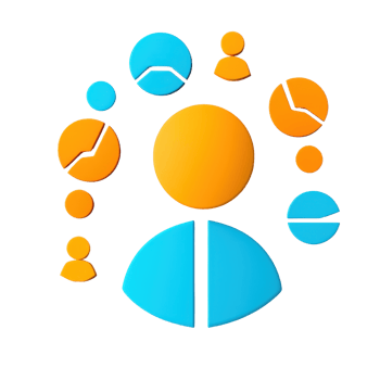 A stylized figure in blue and orange, representing a person, surrounded by circular icons suggesting data or analytics. png