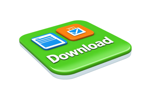 A green download button featuring a document and checkmark icon. png