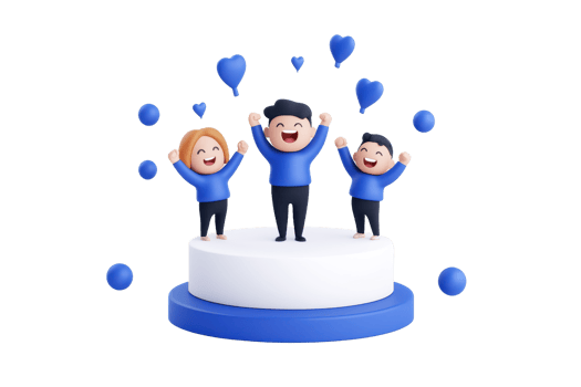 Three cheerful cartoon characters celebrate joyfully on a pedestal, surrounded by blue hearts and balloons. png