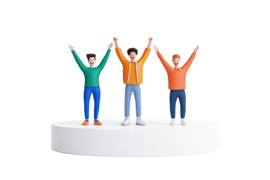 Three joyful figures stand on a circular platform, raising their arms in celebration, showcasing vibrant outfits and diverse appearances. png