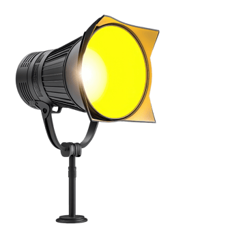 A professional studio light with a bright yellow bulb, designed for illuminating scenes and enhancing photography or production. png
