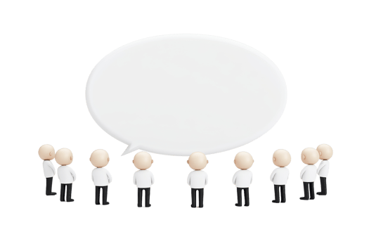 A group of stylized figures gathered together, with one figure positioned to speak or convey a message within a speech bubble. png