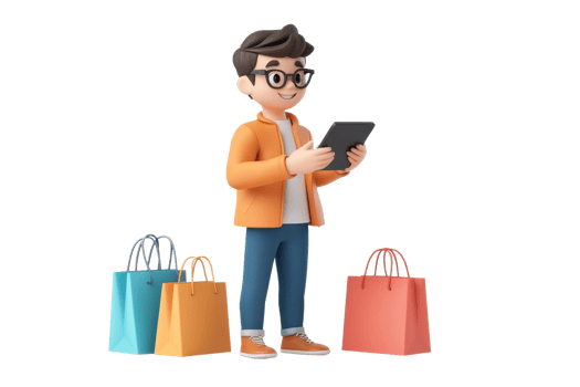 A young man in casual clothing holds a tablet, standing near colorful shopping bags. png