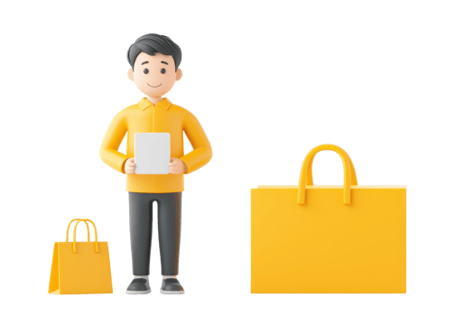 A young person in a yellow outfit holds a tablet beside two yellow shopping bags of different sizes. png