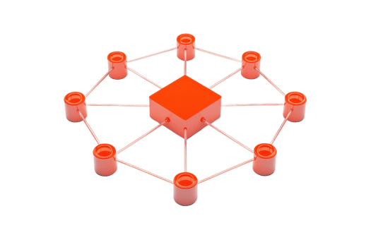 A network structure featuring a central orange cube connected to multiple smaller orange cylinders by lines. png