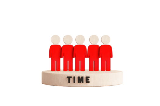 A group of five red figures stands on a platform labeled TIME, symbolizing the concept of time management or the importance of time. png