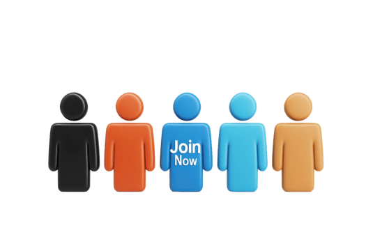 Colorful human figures with one prominently displaying a Join Now message, encouraging engagement. png