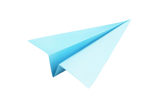 Blue paper plane soaring in the air, symbolizing creativity, freedom, and imagination in a minimalist design against a transparent background. png